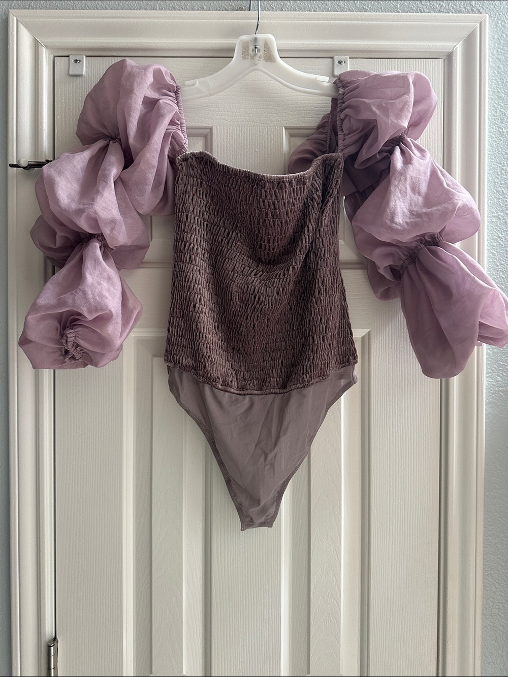 Velvet Smocked Puff-Sleeve Bodysuit Lavender Purple NWT L Romantic Whimsical